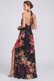 Vestido formal longo com gola alta, sereia preta em chiffon floral