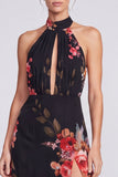 Vestido formal longo com gola alta, sereia preta em chiffon floral