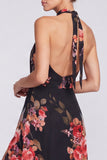 Vestido formal longo com gola alta, sereia preta em chiffon floral