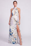 Vestido formal longo com gola alta, sereia preta em chiffon floral