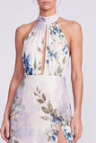 Vestido formal longo com gola alta, sereia preta em chiffon floral