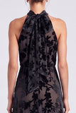 Vestido formal longo de veludo floral com decote alazeitona e decote alvo oliva
