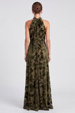Vestido formal longo de veludo floral com decote alazeitona e decote alvo oliva