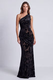 Veludo Azeitona Vestido Formal Longo de Sereia Floral Franzido de Um Ombro