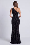 Veludo Azeitona Vestido Formal Longo de Sereia Floral Franzido de Um Ombro
