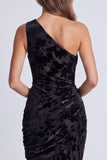 Veludo Azeitona Vestido Formal Longo de Sereia Floral Franzido de Um Ombro