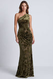 Veludo Azeitona Vestido Formal Longo de Sereia Floral Franzido de Um Ombro