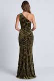 Veludo Azeitona Vestido Formal Longo de Sereia Floral Franzido de Um Ombro