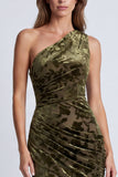 Veludo Azeitona Vestido Formal Longo de Sereia Floral Franzido de Um Ombro