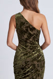 Veludo Azeitona Vestido Formal Longo de Sereia Floral Franzido de Um Ombro