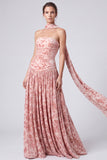 Vestido formal longo de veludo cor-de-rosa A-line floral, sem alças, com franzes