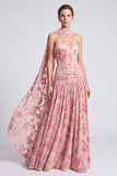Vestido formal longo de veludo cor-de-rosa A-line floral, sem alças, com franzes