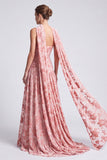 Vestido formal longo de veludo cor-de-rosa A-line floral, sem alças, com franzes