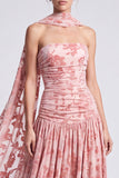 Vestido formal longo de veludo cor-de-rosa A-line floral, sem alças, com franzes