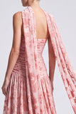 Vestido formal longo de veludo cor-de-rosa A-line floral, sem alças, com franzes