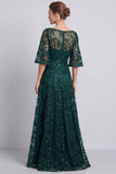 Vestido de mãe da noiva com gola bata verde escuro com decote em linha A