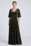 Vestido formal longo longo, de veludo em V, decote em V, com decote em V e decote em A, com mangas meias,