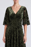 Vestido formal longo longo, de veludo em V, decote em V, com decote em V e decote em A, com mangas meias,