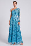 Vestido formal longo com lantejoulas azuis em linha A com um ombro e manga comprida