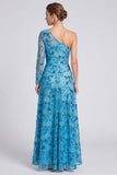 Vestido formal longo com lantejoulas azuis em linha A com um ombro e manga comprida
