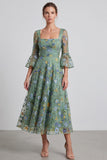 Vestido formal midi midi floral A-Line Dusty Sage com decote quadrado e mangas alargadas