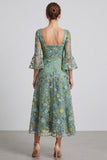 Vestido formal midi midi floral A-Line Dusty Sage com decote quadrado e mangas alargadas
