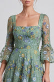 Vestido formal midi midi floral A-Line Dusty Sage com decote quadrado e mangas alargadas