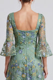 Vestido formal midi midi floral A-Line Dusty Sage com decote quadrado e mangas alargadas