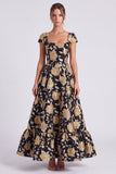 Vestido formal longo com decote quadrado, flor preta dourada, com decote quadrado e mangas altas