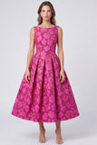Vestido midi floral sem costas Jacquard com decote bateau fúcsia em linha A