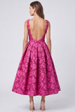 Vestido midi floral sem costas Jacquard com decote bateau fúcsia em linha A