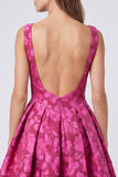 Vestido midi floral sem costas Jacquard com decote bateau fúcsia em linha A