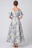 Vestido Maxi A-Line Azul Dusty Jacquard de gola quadrada floral com mangas curtas