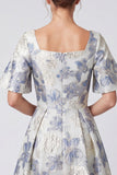 Vestido Maxi A-Line Azul Dusty Jacquard de gola quadrada floral com mangas curtas