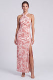 Vestido Maxi Floral Maxi de Veludo de Sereia Cor-de-Rosa com Gola Alta, com Fenda