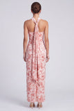 Vestido Maxi Floral Maxi de Veludo de Sereia Cor-de-Rosa com Gola Alta, com Fenda