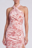 Vestido Maxi Floral Maxi de Veludo de Sereia Cor-de-Rosa com Gola Alta, com Fenda
