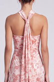Vestido Maxi Floral Maxi de Veludo de Sereia Cor-de-Rosa com Gola Alta, com Fenda
