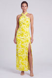 Vestido Maxi Floral Maxi de Veludo de Sereia Cor-de-Rosa com Gola Alta, com Fenda