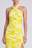 Vestido Maxi Floral Maxi de Veludo de Sereia Cor-de-Rosa com Gola Alta, com Fenda