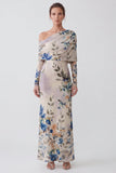 Vestido formal longo em forma de sereia floral de um ombro em marfim com mangas compridas