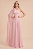 Vestido Maxi Rosa Claro de Chiffon A-Line Franzido de um ombro com capa