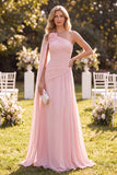 Vestido Maxi Rosa Claro de Chiffon A-Line Franzido de um ombro com capa