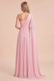 Vestido Maxi Rosa Claro de Chiffon A-Line Franzido de um ombro com capa
