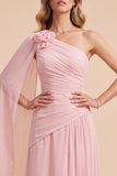 Vestido Maxi Rosa Claro de Chiffon A-Line Franzido de um ombro com capa