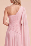 Vestido Maxi Rosa Claro de Chiffon A-Line Franzido de um ombro com capa