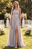 Vestido Maxi de Chiffon Cinzento Claro de Um Ombro com Fenda