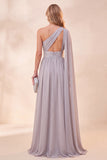 Vestido Maxi de Chiffon Cinzento Claro de Um Ombro com Fenda