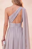 Vestido Maxi de Chiffon Cinzento Claro de Um Ombro com Fenda
