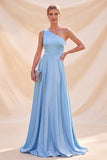 Vestido Maxi de Cetim de Cetim Azul Celeste, Linha A e Um Ombro